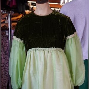 Vintage 1960s Lorrie Deb Lime Empire Waist Dress Velour Top Lace Accents Small